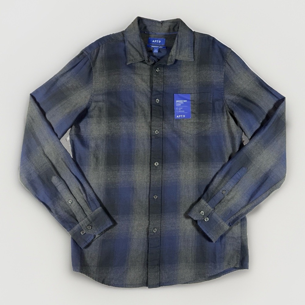 APT.9 Mens S Blue Gray Plaid Seriously Soft Flannel Shirt Long Sleeve NWT